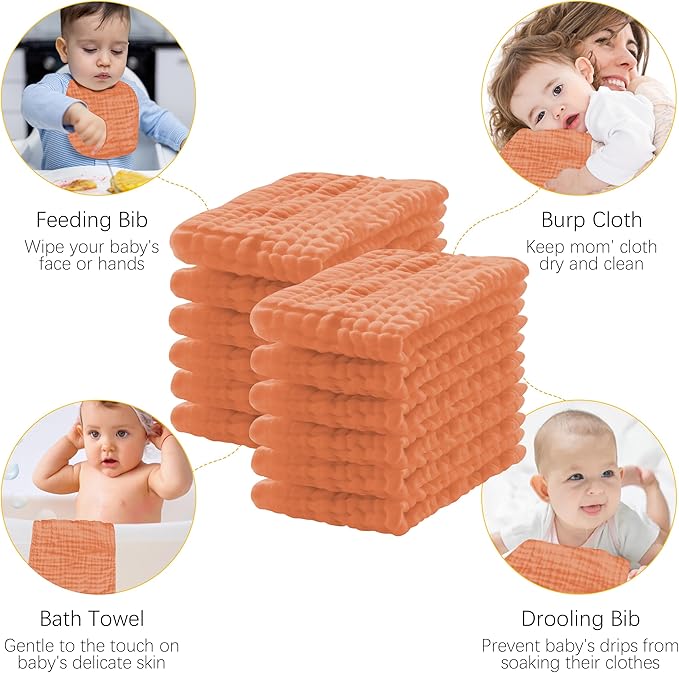Lovely Care 12 Pack Muslin Burp Cloths 100% Cotton Muslin Cloths Large 20''x10'' Extra Soft and Absorbent Baby Burping Cloth - Vermilion
