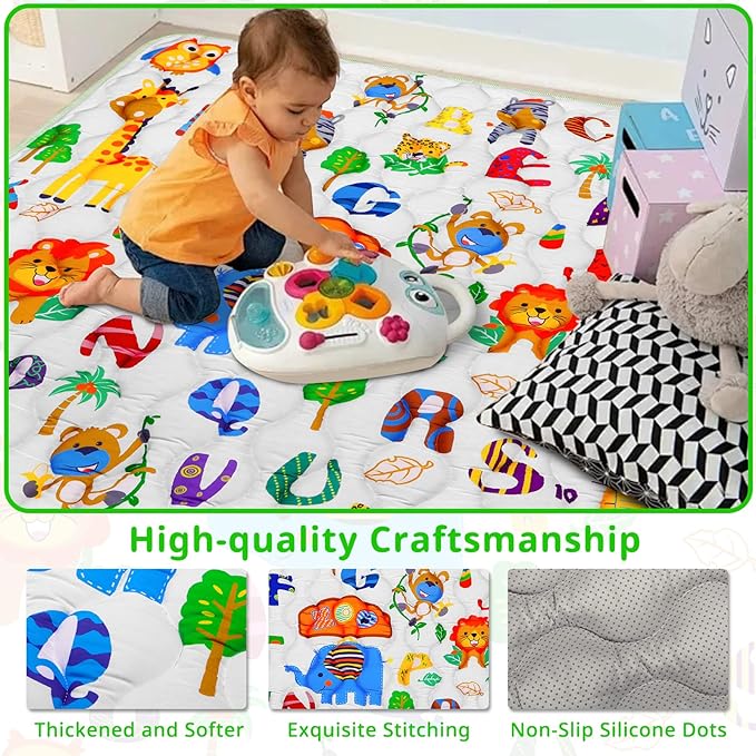 Safari Zoo Alphabet Play Mat 71"×59" Baby Gyms Playmats for Playpen Giant Waterproof ABC Learning Mat for Toddlers, Jungle Themed Nursery Floor Thicken Soft Padding for Toddlers Infants