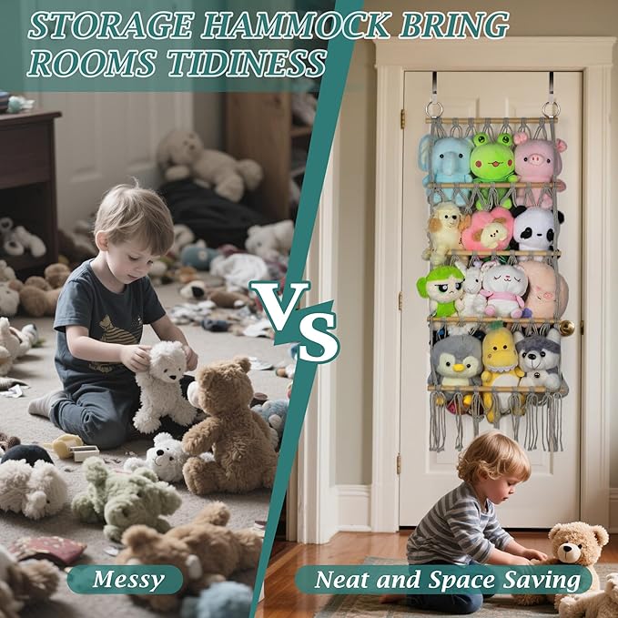 42 Cm Wide Gray Over The Door Macrame Organizer—Plush Toy Storage Net, Ideal For Plush Toys And Dolls/Easy-To-Install Stuffed Animal Hammock