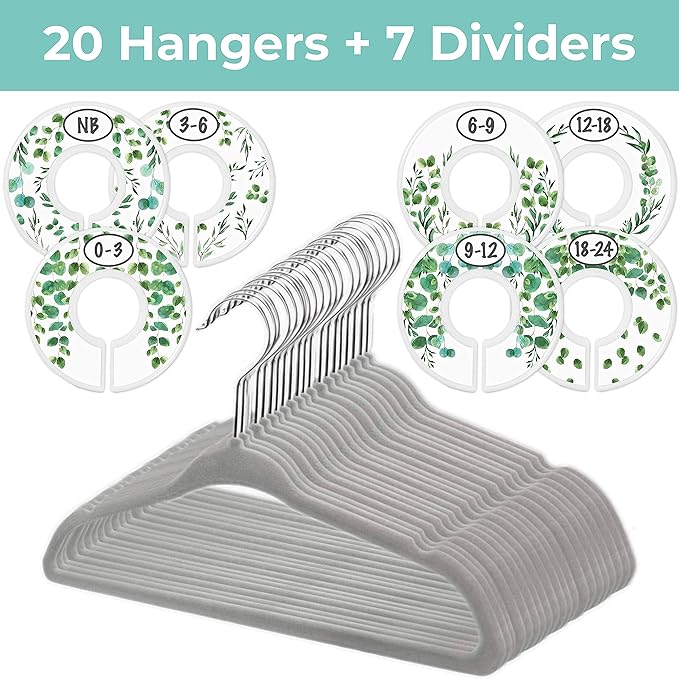 Baby Hangers and Closet Size Dividers - 7X Botanical Clothing Dividers with 20x Velvet Hangers for Baby Closets - Nursery Clothes Organizer - Eucalyptus Vines Leaf Plant Greenery Décor [Botanical]