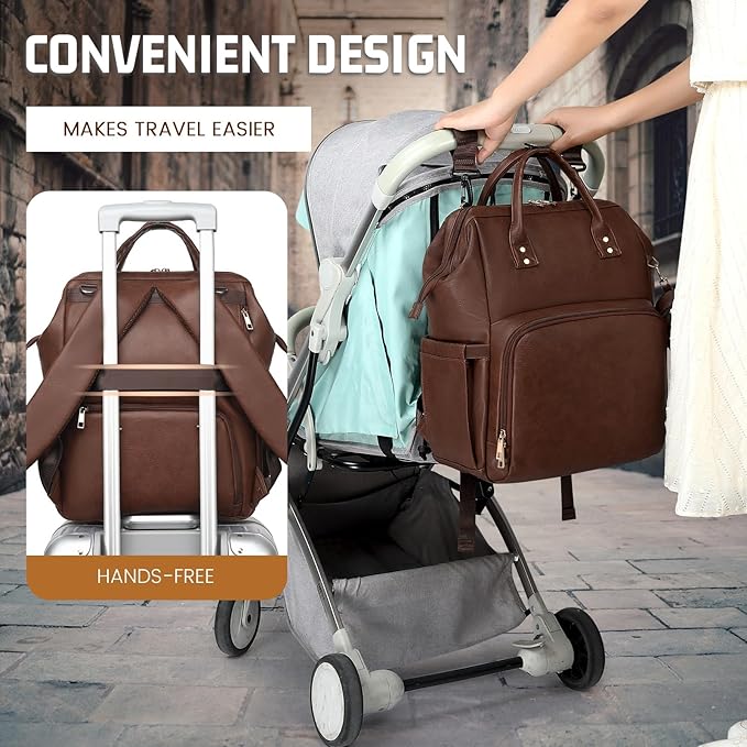 ROSEGIN Premium Vegan Leather Diaper Bag Backpack with Waterproof Changing Pad – Reinforced Stitching & Zippers, Baby Bag for Boy Girl, Stroller Straps, Fits 15.6" Laptop for Work Moms, Dark Brown