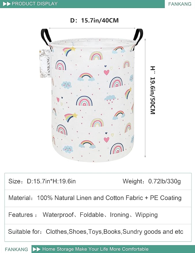 FANKANG Storage Basket, Nursery Hamper Canvas Laundry Basket Foldable with Waterproof PE Coating Large Storage Baskets for Kids Boys and Girls, Office, Bedroom, Clothes,Toys（Love Rainbow ）