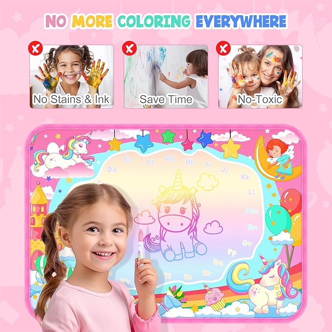 MAIGOZON Water Doodle Mat, Unicorn Drawing Mat for Toddlers, Kids Water Painting Pad Coloring Board Set, Art Supplies for Toddlers, No Mess Crafts Birthday Christmas Gifts for Girls Ages 3 4 5 6 7 8