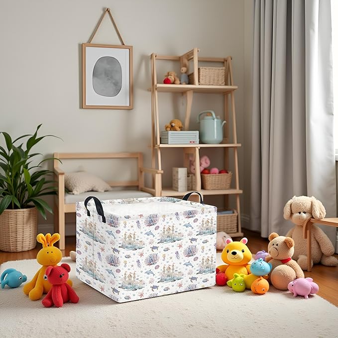 TIBAOLOVER Rectangular Kids Storage Basket Boys for Home Kitchen Girls Cute Storage Bin Organizer Shelf Book Room Decor(Sea Castle)