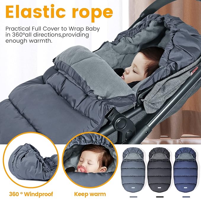 Orzbow Universal Stroller Footmuff, Winter Baby Stroller Bunting Bag, Warm Coral Fleece Stroller Sleeping Bag for Cold Weather, Waterproof & Windproof, Baby Winter Must Have, Grey
