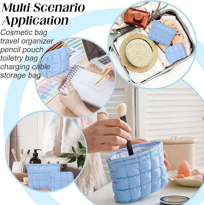 2 Pcs Puffy Makeup Bag Quilted Cosmetic Pouch for Women Cute Checkered Travel Toiletry Bag Puffer Makeup Organizer Purse Pouch Preppy Pencil Case with Zipper(Blue)