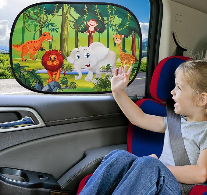 ABSOFINE Car Window Sun Shades for Baby Kids 2 Pack 19"x14", Animals Cartoon Window Shades Sun Blocker Cover, Baby Car Shades for Back Windows with 8 Suction Cups and Storage Bag, Anti Glare & UV