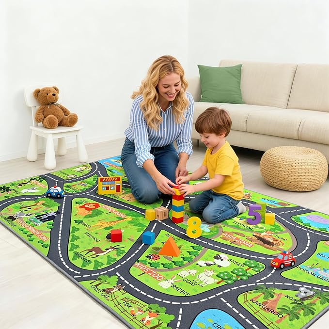 Zoo Adventure Kids Rug, Cute Animal Play Mat with Non-Slip Backing, Kids Carpet with Lions, Tigers & Giraffes for Educational and Fun Playtime, 4x6ft