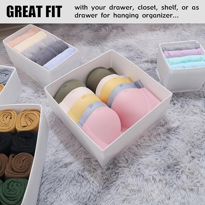 Foldable Dresser Drawer Organizers for Clothes, Underwear, Socks, Bras - Cloth Storage Box Divider Basket Bins, 14 Pack (White)