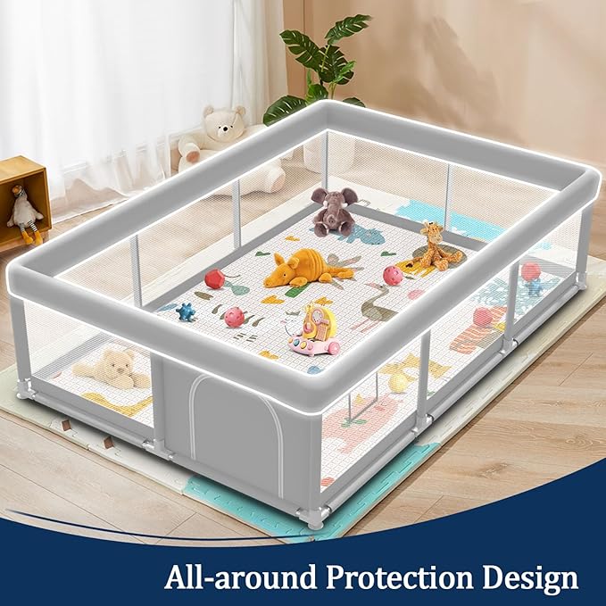 74x50 Inch Baby Playpen with Mat, Playpen with Cute Mat for Babies and Toddlers Play Pen Playards Safety Gate Fence Active Center Indoor