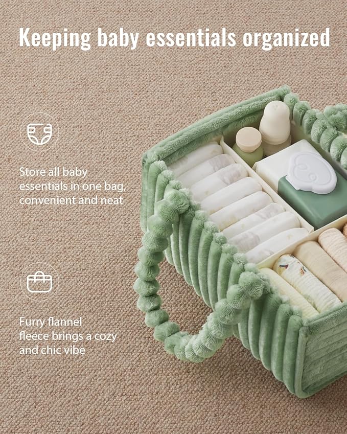 Blissful Diary Flannel Diaper Caddy Organizer, included Gift Packaging, Cozy Nursery Storage Basket, Gift for Baby Shower, Newborn Essentials, Sage Green