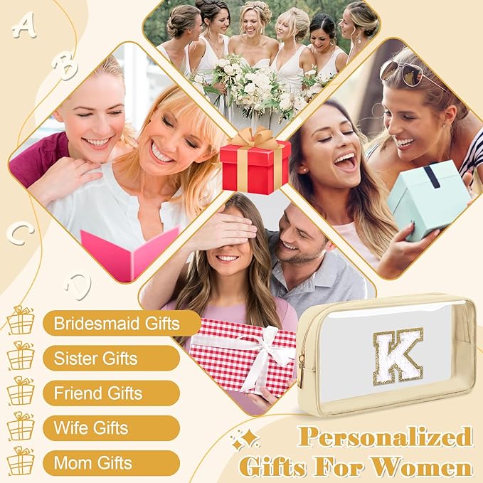 Personalized Initial Letter Clear Makeup Bag,Preppy Small Nylon&PVC Cosmetic Zipper Bag with Chenille Letter,Portable Beach Travel Skincare Toiletry Bag,Trendy Monogram Gift for Teen Girls Women,K