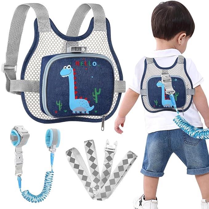 Accmor Toddler Harness Leash, Cute Dinosaur Kids Leashes + Reflective Anti Lost Wrist Link, Collapsible Baby Walking Harness Belt, Breathable Child Hand Strap Tether for Boys Traveling in Hot Weather