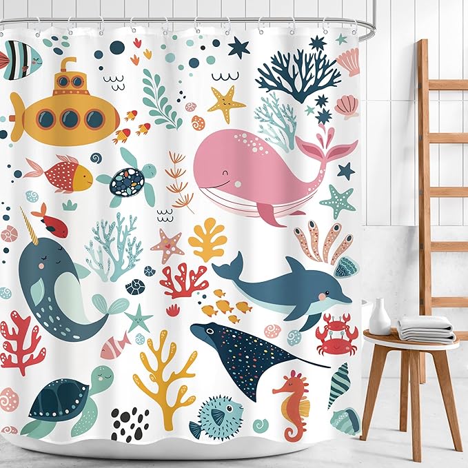 Kids Shower Curtain Ocean Summer Cute Cartoon Whale Funny Kid Bathroom Decor for Nursery Boys Girls Underwater Coastal Submarine Fish Animal 60Wx72H Bath Curtain Fabric Polyester 12 Pack Hooks