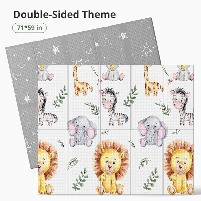 71x59 Foldable Baby Play Mat for Floor, Foam Playmat for Babies 0-12 Months, Kids Non Toxic Thick, Waterproof & Anti-slip Crawling Toddlers Mats, Babies Activity Tummy Time Playmat, Lion,71x59