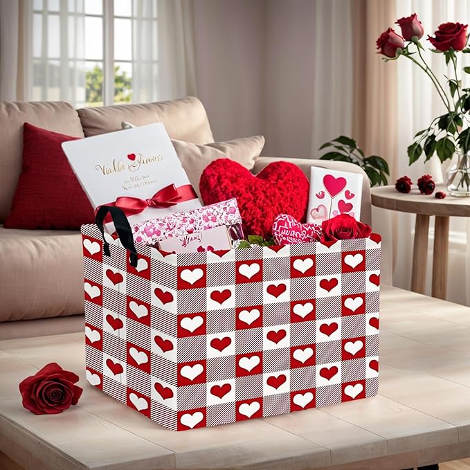 ASKETAM Valentine's Day Basket for Gifts Empty Cute Heart Large Gift Basket Decorative Storage Bin for Kid and Baby Room Décor (Deep Red Checkered Heart)