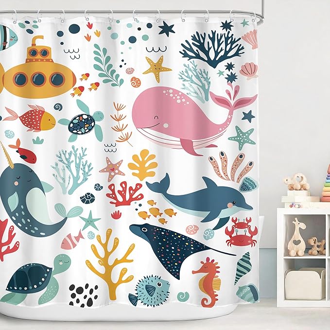Kids Shower Curtain Ocean Cute Cartoon Whale Funny Kid Bathroom Set Underwater Coastal Submarine Fish Animal Nursery Baby Boys Girls Children 72Wx72H Bath Curtain Fabric Polyester 12 Pack Hooks