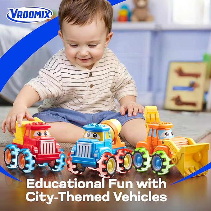 Vroomix Jova GlowRover 3 Pack Monster Truck Toys, City Construction Cars with LED Light Up Wheels, Friction Powered Cars for Toddlers Boys Girls 18M+, Birthday Gifts for Christmas