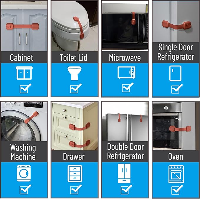 Bate- Child Safety Strap Locks, 6 Pack, Rusty Color, Baby Locks for Cabinets, Drawers, Kitchen, Toilet, Furniture, Fridge, Multi-Purpose, Easy Install with Quick 3M Adhesive for Childproofing