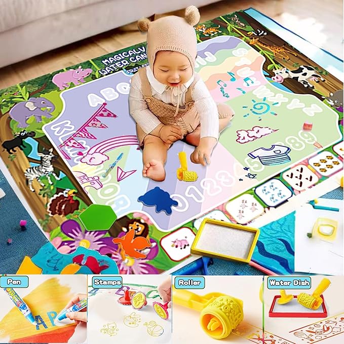GIFTRRTOY Water Doodle Mat - Magic Water Drawing Mat with Stamps, Roller & Backpack Big Enough Space for 2-3 Kids to Draw Together | No Mess Travel Toy Gift for 3 4 5 6 7 8 Year Old Girls Boys