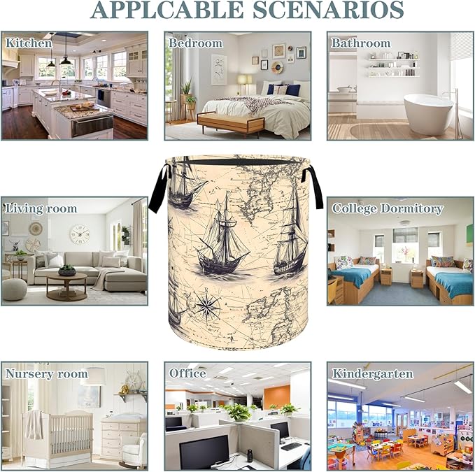 VODRM Vintage Nautical Ship Map Laundry Basket, Dirty Collapsible Clothes Toy Organizer Hamper for Kids Adults, Oxford Cloth Waterproof Storage Bin for Bedroom Bathroom Home Decor Gifts, 19.7"X15.7"