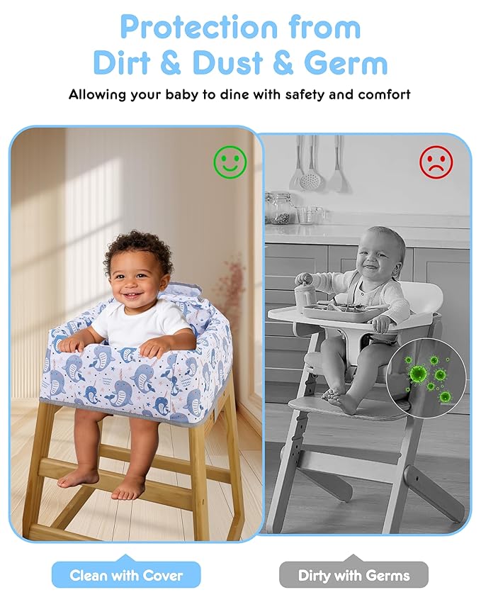 High Chair Cover Portable with 3-Point Harness, Waterproof Baby Seat Cover for Restaurant Travel Home Use, Machine Washable, Fits Wooden Chairs (Blue Whale)