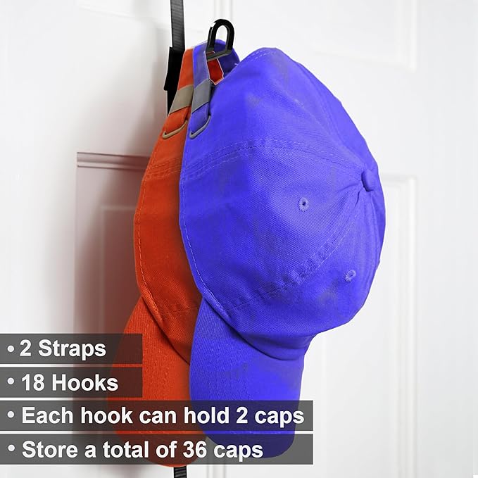 FOR 8-FEET DOORS ONLY! Perfect Curve CapRack | Over-The-Door Hat Organizer for Baseball Caps | 2 Straps, Holds 18-36 Adjustable Caps | Black