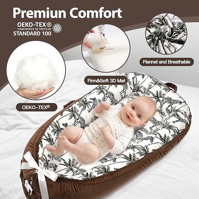 Baby Lounger-Breathable and Soft Organic 100% Cotton, Portable Infant Lounger with Removable Lounger Cover, Baby nest Lounger for Newborn - Brown Zebra