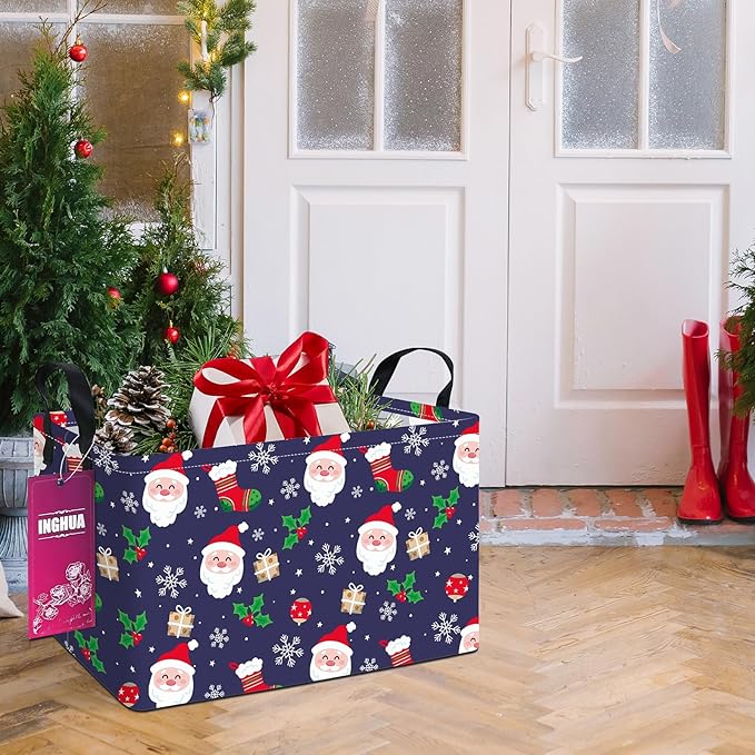 INGHUA Rectangular Christmas Storage Basket Fabric Organizer Bin for Toys,Books,Clothes,Gifts,Pets-Perfect for Home,Office,Nursery,Dorm,Shelf(Rec-Christmas gift basket)