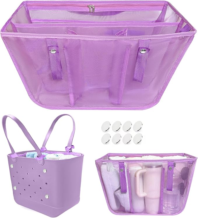 XYFuuee Beach Bag Organizer Inserts for Large Simple Modern Bag Accessories, with 8 Removable Metal Fasteners, Lightweight Mesh Insert Divider Pouch, Organizing Rubber Tote, Save Space, Purple
