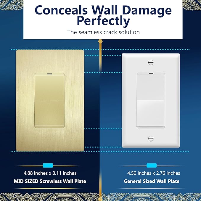 LIDER Brushed Finish Decorator Switch Cover, Screwless Wall Plate, Mid-Size 1-Gang 4.88" x 3.11", Unbreakable Polycarbonate Thermoplastic, UL Listed, LSWP-31M-BGD5P, Brushed Gold, 5 Pack