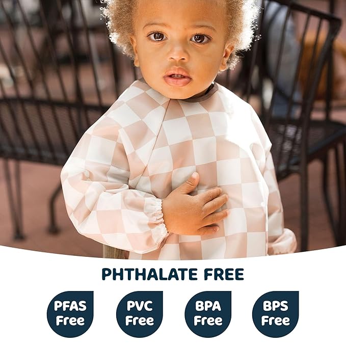 Tiny Twinkle Long Sleeve Bib for Babies & Toddlers | Waterproof Smock Bib for Eating | Machine Washable & Mess-Proof Feeding Essentials | Newborn Shower Gift (Checkers Brown, 2-4Y)