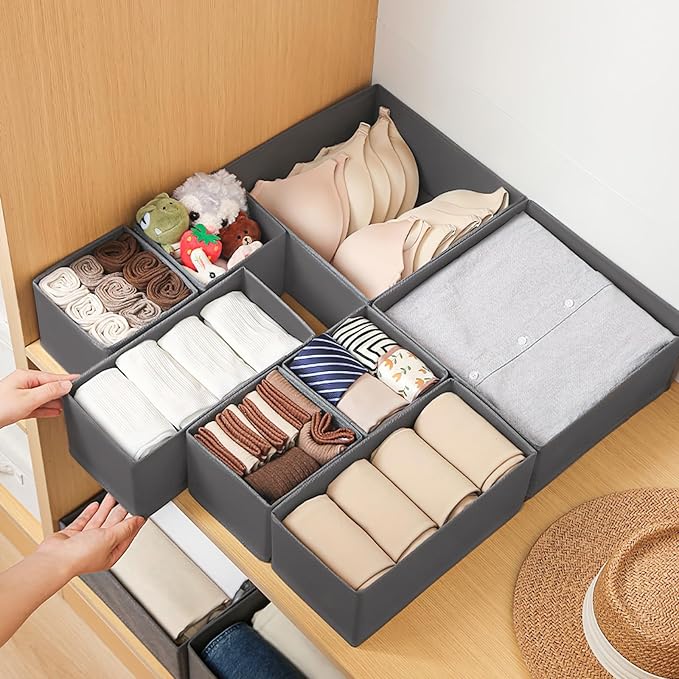 12 Pack Drawer Organizer Clothes Set,Foldable Fabric Closet Dresser Storage Dividers,Closet Organizer and Storage for Nursery,Underwear,Bra,Sock,Tie,Grey