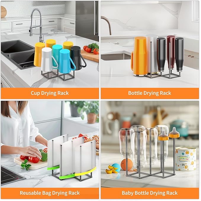 KORRTFID Foldable Bottle Drying Rack, Baby Bottle Drying Rack, Collapsible Cup Draining Holder, Retractable Reusable Storage Bag Dryer with Non-Slip Bottom - Stainless Steels (Starlight Gray)
