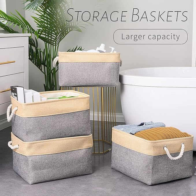 Sacyic Organization and Storage Basket for Organizing - Large 4 Pack 16x12x8 inch Collapsible Baskets for Shelves Fabric Storage Cube, Storage Bins for Laundry Cloth Books Gift (Gold & Grey)