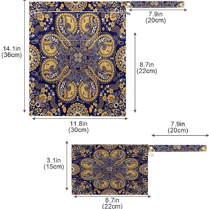 visesunny Golden Paisley Pattern 2Pcs Wet Bag with Zippered Pockets Washable Reusable Diaper Bag for Travel,Beach,Pool,Daycare,Stroller,Diapers,Dirty Gym Clothes, Wet Swimsuits, Toiletries