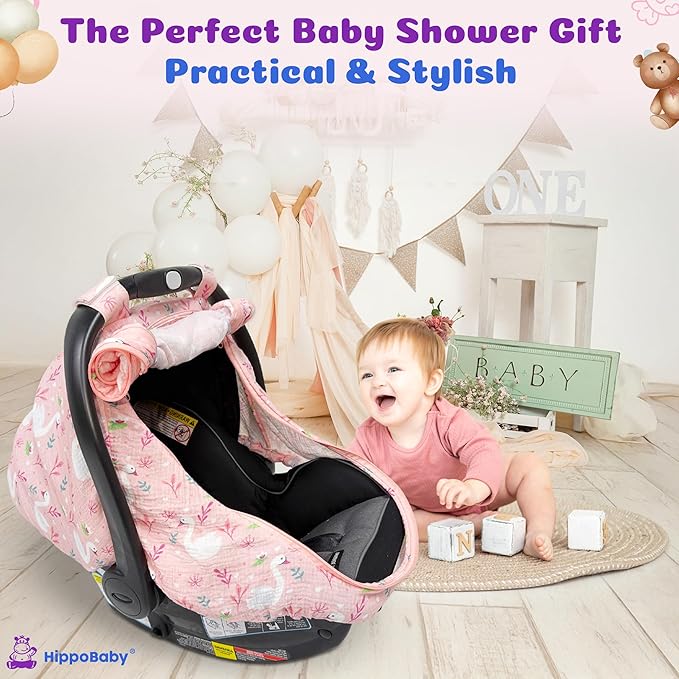Car Seat Cover for Babies with 100% Cotton Muslin Material | Breathable Carseat Cover for Boys and Girls | Infant Car Seat Canopy for Boys and Girls (Flamingo)