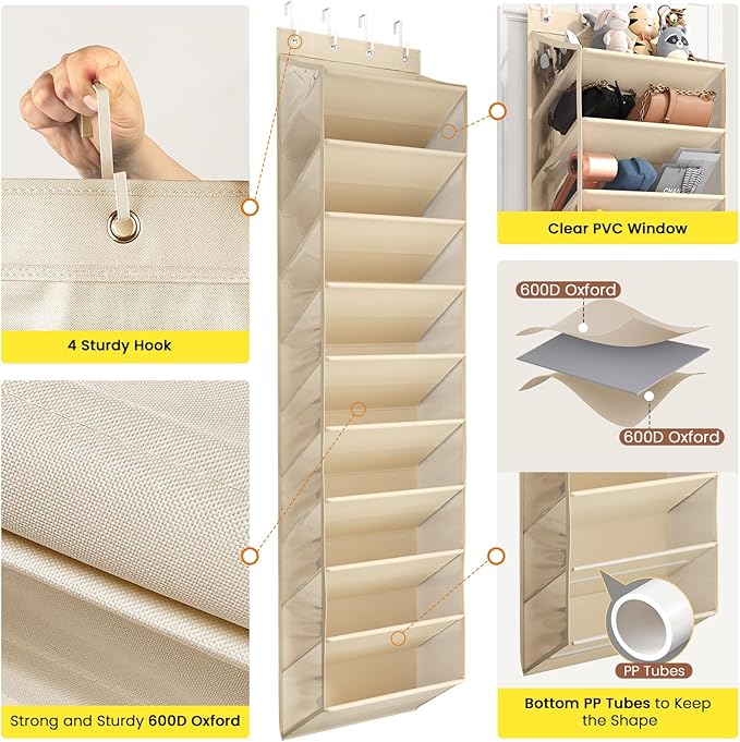Mefirt 10 Tier Clear Over the Door Shoe Organizer with Deep Pockets, Door Shoes Rack with Hard Tube to Keep the Shape, Hanging Shoe Rack for Closet Organizers & Storage, Behind Door Shoe Holder Beige