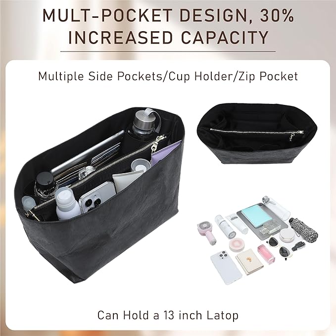 Doxo Long Champ Organizer Insert, Bag Organizer Insert for le pliage Medium, G.oyard PM, Speedy 30, Neverfull MM and More, Light Waterproof DupontPaper Purse Organizer, 6 Pockets(Black&Blue, M)