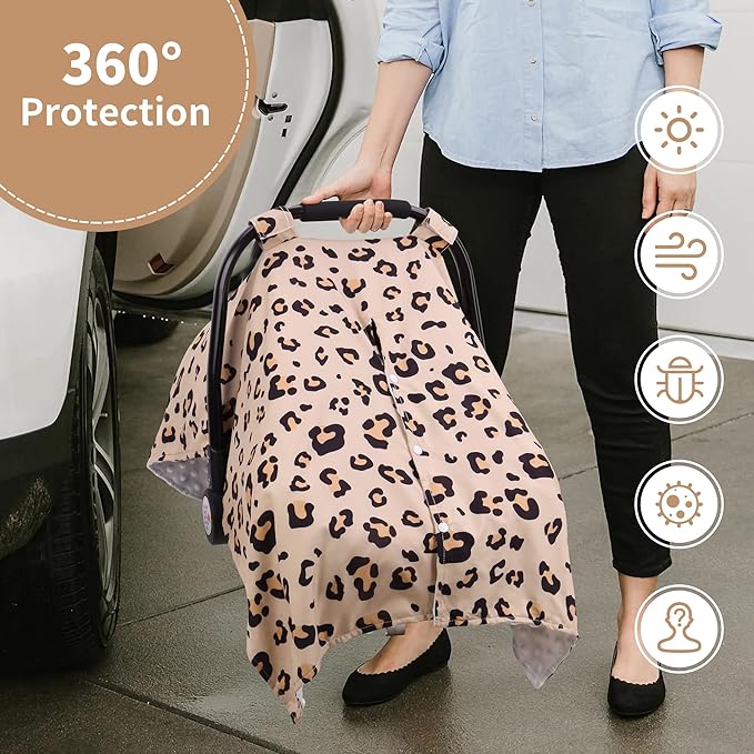 Rquite Car Seat Cover Baby, Carseat Covers for Boy Girl, Minky Infant Car Seat Cover Winter, Peekaboo Opening Car Seat Canopy, Multiuse Baby Carrier, Stroller, Nursing Cover, Minky Blanket, Leopard