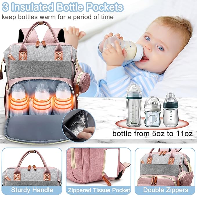 SHITIESHOU Diaper Bag Backpack Baby Bag, Baby Girl Boy Diaper Bag for Dad Mom with Pad, 16 Pockets, Pacifier Case, Large Diaper Bags Unisex for Travel(Pink Grey)