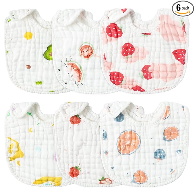 Zainpe 6Pcs Snap Muslin Cotton Baby Bibs Summer Strawberry Lemon Pattern Infants Feeding Bib Adjustable Machine Washable Unisex Burp Cloths with 6 Absorbent & Soft Layers for Drooling and Teething