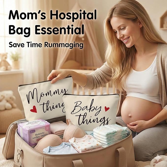 Mommy and Baby Matching Pouch Set, Mommy Things and Baby Things Bags, Gifts for New Moms Expecting Moms, Matching Travel Cases, Beige Set of 2