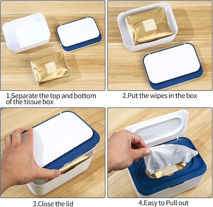 Wet Wipes Dispenser Box, Napkin Storage Holder Container Box, Dustproof Toilet Tissue Paper Box with Lid, Baby Wipes Dispenser for Home Office Desk, with a Mask Storage Organizer Case Box (Blue)