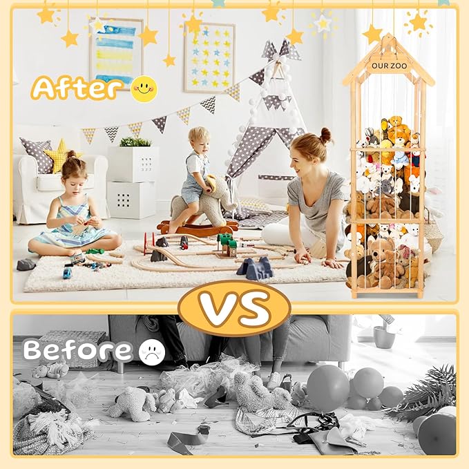 HOMIEE Stuffed Animal Storage Organizer, Wood Stuffed Animal Zoo Toy Holder for Playrooms, Bedrooms, Nursery Room