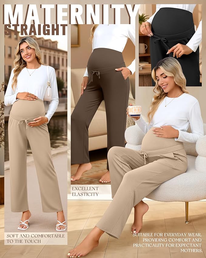 3 Pcs Maternity Sweatpants Over The Belly Pregnancy Straight Wide Leg Elastic Drawstring Pants Joggers with Pockets