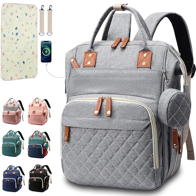 SHITIESHOU Diaper Bag Backpack Baby Bag, Baby Girl Boy Diaper Bag for Dad Mom with Pad, 16 Pockets, Pacifier Case, Large Diaper Bags Unisex for Travel (Grey)