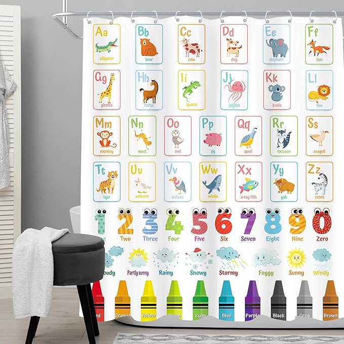 Alphabet ABC Kids Shower Curtain 72Wx72H Colorful Cartoon Children Animal Cute Educational Number Learning Bathroom Curtain Set Nursery Baby Boys Girls Fabric Bathroom Decor with 12 Hooks