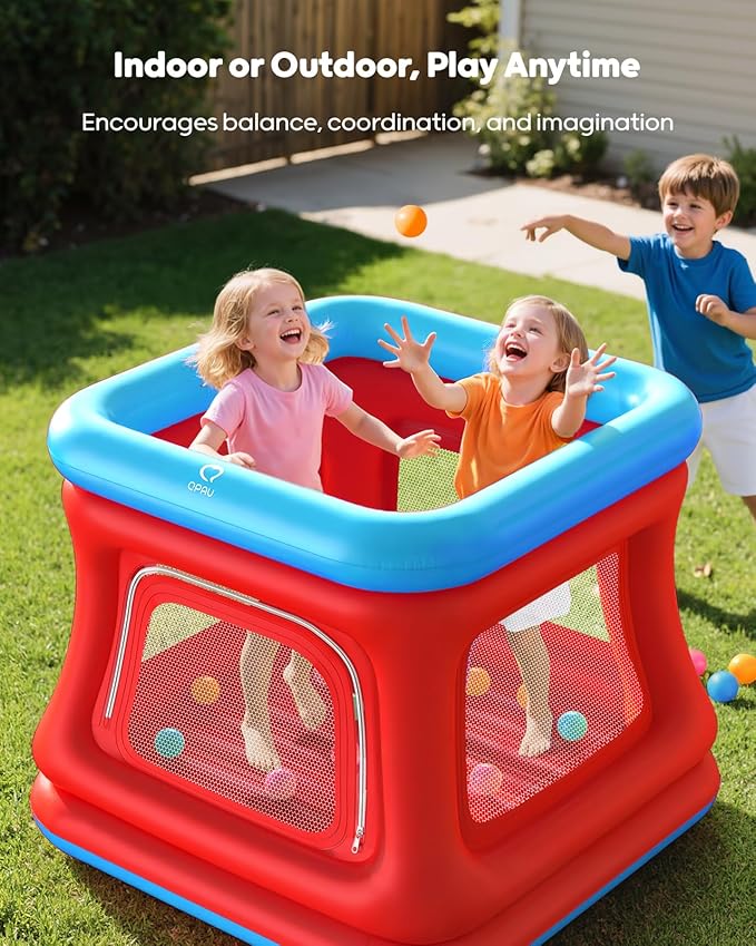 QPAU 3-in-1 Inflatable Bounce House for Toddlers 1-3, Ball Pit & Trampoline, Inflatable Bouncy House with Safety Net, Indoor & Outdoor Bubble Bouncer (Blue & Red)