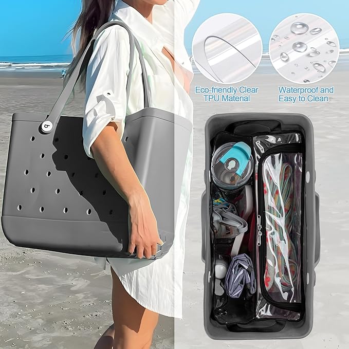 Clear Beach Bag Organizer Insert Compatible with BOGG BAG Original X Large, Zipper Organizer Liner Compatible with BOGG BAG Original X Large, Insert Divider Pouch with 2 Compartments, Black